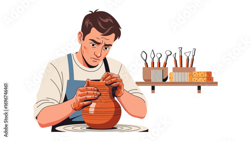 Crafting with Passion: A skilled artisan molds clay on a spinning wheel, meticulously crafting a vessel, surrounded by various ceramic tools, capturing the dedication to the art.