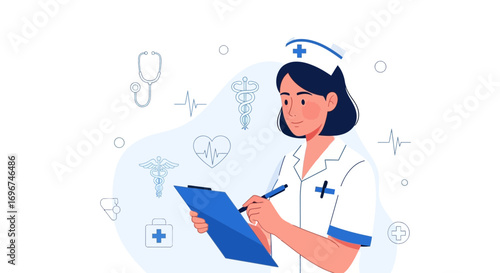 Caring Nurse Preparing Health Documents, Illustrated Medical Professional, Healthcare Icon
