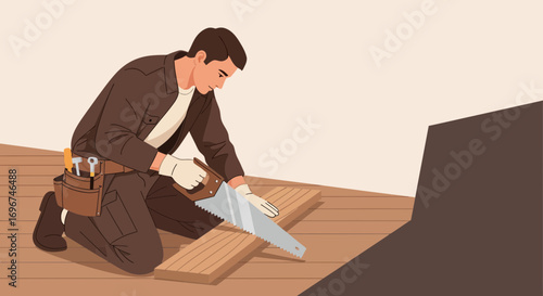 Carpenter Cutting Wood with Saw: Construction, Craftsmanship, and DIY Project Illustration