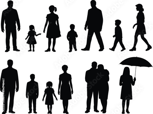 Silhouettes of diverse family members walking, standing, holding umbrella, representing family bond, togetherness, protection, unity, and love concept