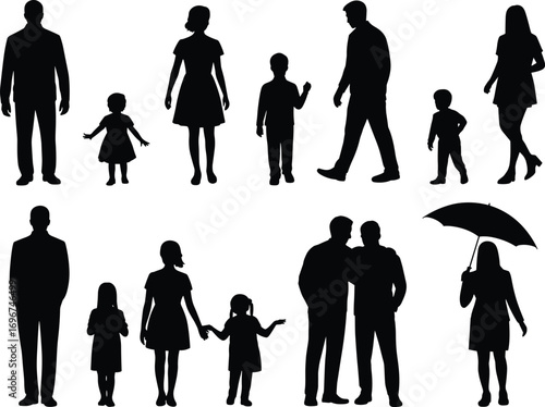 Silhouettes of family members walking, standing, holding hands, umbrella, parents and children, diverse group, unity, love, protection, togetherness concept