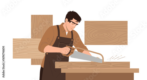 Carpenter Working With Wood And Sawing A Plank Ready For Construction Projects