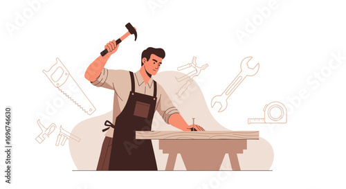 Carpenter Working With Hammer And Wood, Hitting Nail Into the Plank to Construct Furniture