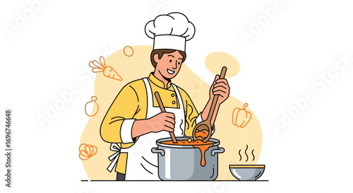 Chef Preparing Culinary Delights: A Cartoon Illustration for Graphic Design and Stock Imagery