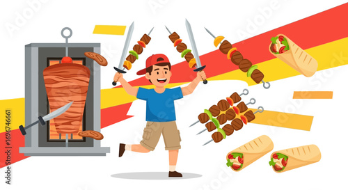 Cartoon Boy Enthralled With Swords Presenting Appetizing Skewers and Delectable Wraps