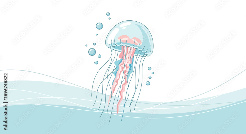Obraz premium Cartoon Illustration Of A Graceful Jellyfish Floating In Calm, Azure Waters Setting