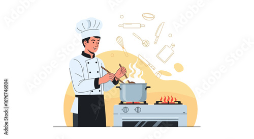 Chef Preparing Delicious Dish in Kitchen, Cooking with Culinary Utensils and Tools