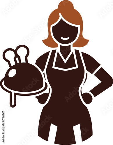 Silhouette woman chef in apron oven mitts holding delicious roasted turkey dish