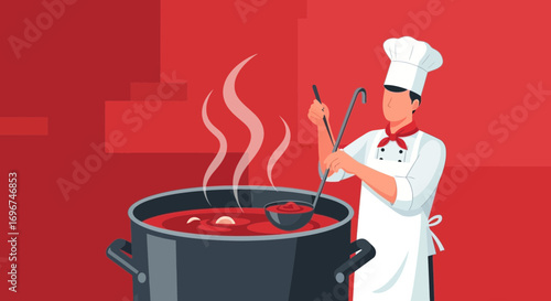 Chef Preparing Delicious Dish In Large Pot, Featuring Steaming Food And Culinary Expertise