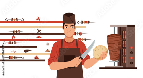 Chef Preparing Delicious Doner Kebab Meal With Fresh Pita Bread and Shawarma