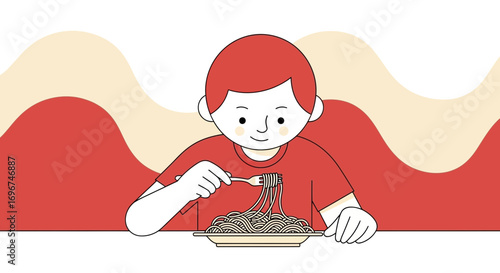 Cartoon Representation Of a Person Enjoying a Meal of Pasta in Minimalistic Illustration