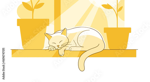 Cat Resting In Sunlight Near Plants, Simple Window Scene Vector Illustration