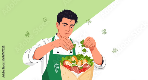 Chef Preparing Delicious Wraps Garnished with Fresh Herbs for A Culinary Experience