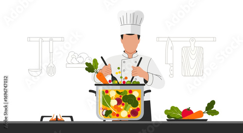 Chef Preparing Delicious Vegetable Soup In A Kitchen Environment Vector Illustration