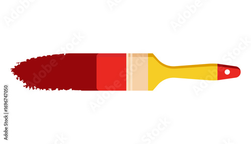 Flat design paint brush with yellow handle and red paint stroke effect, creative illustration tool for renovation, wall painting, and decoration projects.