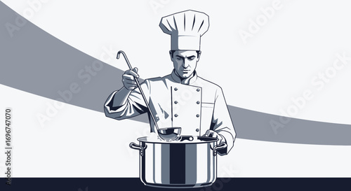 Chef Preparing Dish with Ladle in Professional Kitchen Artistic Monochrome Illustration