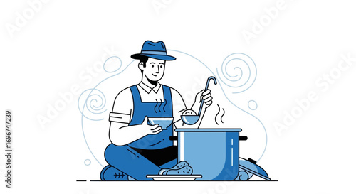 Chef Preparing Food, Serving Soup From a Large Pot in a Minimalist Design
