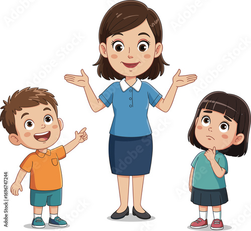 Smiling female teacher with two curious children, education, learning, teaching, classroom, kids, children, student interaction, school, knowledge, guidance, happy, playful, young learners, teamwork