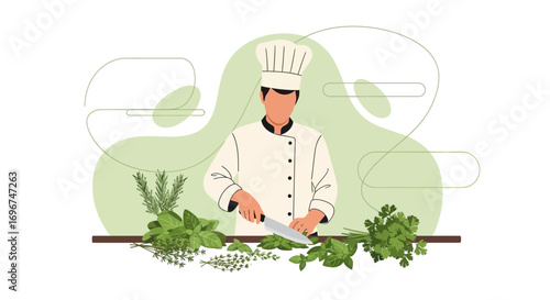 Chef Preparing Fresh Herbs for Culinary Delights in a Modern Kitchen Illustration