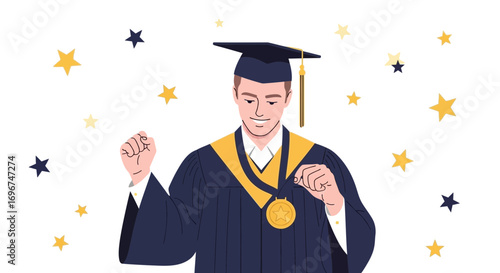 Celebratory Illustration Of New Graduate Proudly Displaying His Graduation Medal