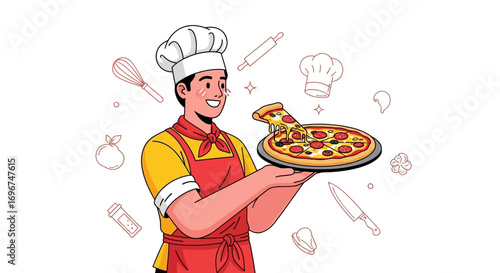 Chef Presenting Delicious Pizza Artwork in a Cartoon Style for Advertising Purpose