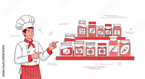 Chef Presenting Gourmet Spices And Herbs Selection For Culinary Excellence In Kitchen