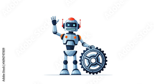 Charming Robot With Raised Hand And Gear Represents Innovation And Technological Progress