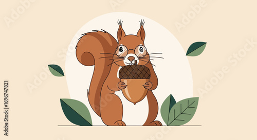 Charming Squirrel Wearing Glasses Holding An Acorn, With Green Leaves In Background