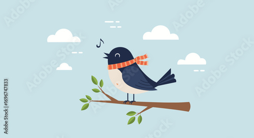 Charming Singing Bird Perched on Branch, Dressed Warmly, Singing a Happy Song, in the Sky