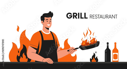 Chef Presenting Grilled Food Illustration For Restaurant Advertising And Culinary Branding