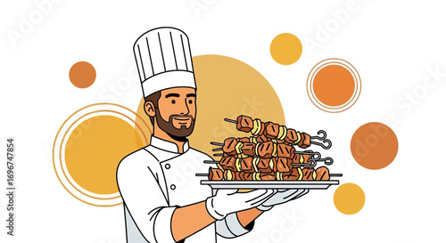 Chef Presenting Grilled Kebabs, A Culinary Illustration, Food Presentation, Delicious Cuisine