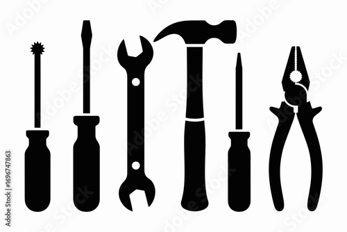 Set of silhouetted hand tools including wrenches screwdrivers hammer and pliers vector illustration scalable graphic for design projects