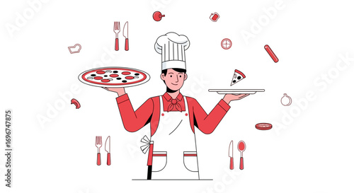 Chef Presenting Pizza And Food Elements With Artistic Flair And Elegant Composition