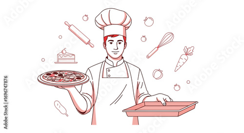 Chef Presenting Pizza and Tray, Surrounded By Culinary Symbols in Charming Illustration Style