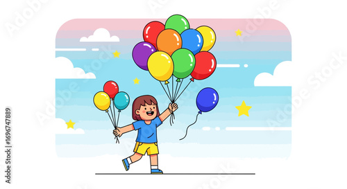 Cheeful Child Running With Bunches Of Balloons, Colorful Sky And Cloudy Background Detail