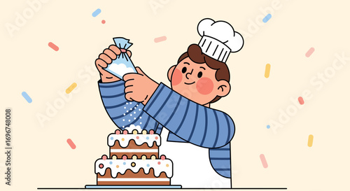 Cheerful Baker Decorating Delicious Cake Image Illustrating Festive Celebration Scene