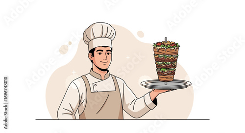 Chef Presents Delicious Shawarma, Culinary Illustration with Vibrant, Eye-Catching Colors