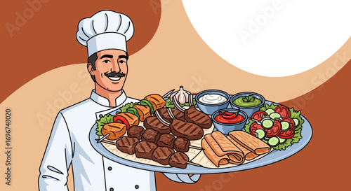 Chef Presents a Delicious Assortment Mediterranean Grilled Cuisine Illustration on a Plate
