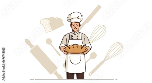 Cheerful Baker Holding Freshly Baked Bread, Representing Culinary Profession and Baking