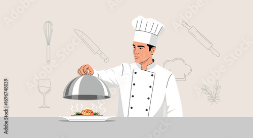 Chef Presents Delightful Dish Emphasizing Culinary Arts And Gourmet Preparation For Fine Dining