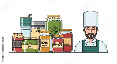 Chef Presents Preserved Goods And Jams, A Culinary Illustration Featuring Pickles And Canning
