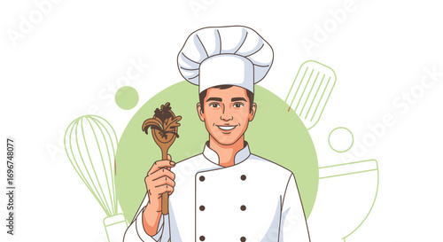Cheerful Baker Holding Spatula With Chocolate, A Culinary Illustration