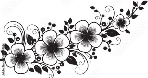 Black and White Floral Swirl Design with Blossoms and Leaves flower leaf