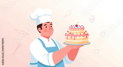 Cheerful Baker Presenting a Delicately Designed Layered Cake For Special Celebrations