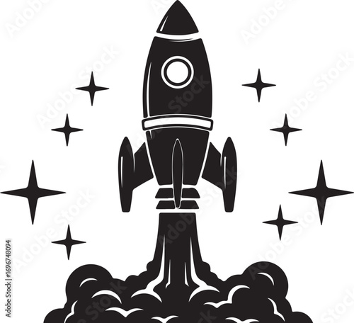Black and white illustration of a rocket launching with stars and smoke spaceship