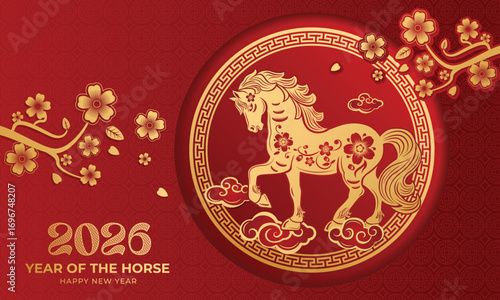 Lunar New Year themed paper graphic with oriental peach blossoms and 2026 horse (Translation : Happy new year )	
