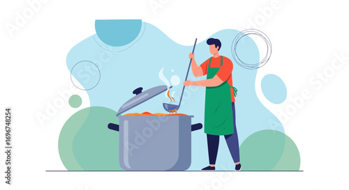 Chef Serving Food From A Cooking Pot In An Illustrated Kitchen Scene