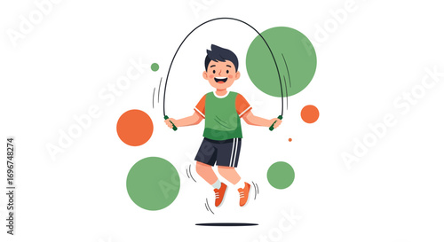 Cheerful Boy Jumps Rope in Lively Illustration with Energetic Circle Design