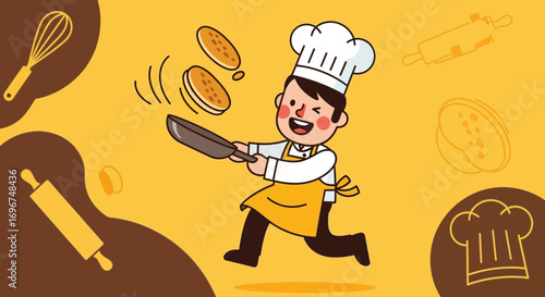 Cheerful Chef Baking Pancakes with Delight: A Fun Cartoon Cooking Illustration