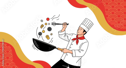 Chef Skillfully Tosses Ingredients in a Wok against a Festive Ornamental Background